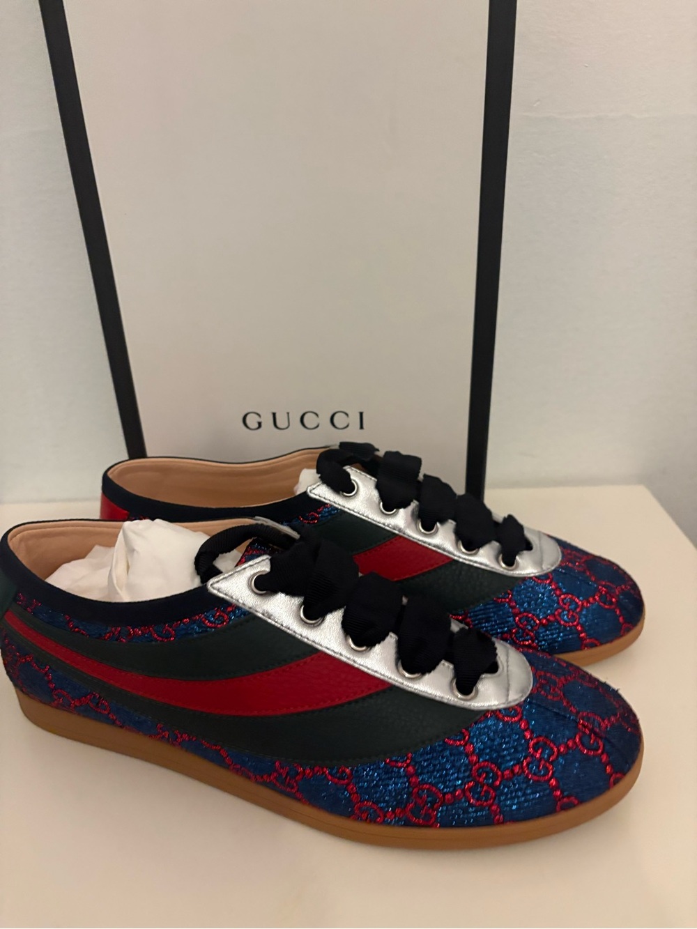 Gucci Men Blue, Red & Green GG Stripe Low Top Sneakers